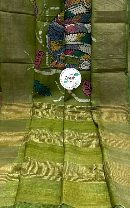Zynah Pure Tussar Silk Hand-painted Kalamkari Saree; Custom Stitched/Ready-made Blouse, Fall, Petticoat; Shipping available USA, Worldwide