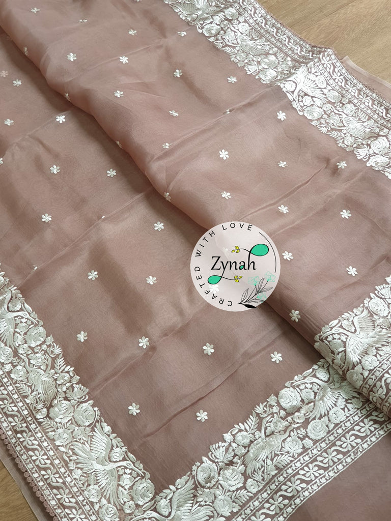 Zynah Pure Organza Silk Saree with Parsi Gara Embroidery & Crochet Lace; Custom Stitched/Ready-made Blouse, Fall, Petticoat; Shipping available USA, Worldwide