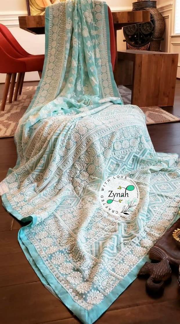 Zynah Pure Georgette Saree with Chikankari Work; Custom Stitched/Ready-made Blouse, Fall, Petticoat; Shipping available USA, Worldwide