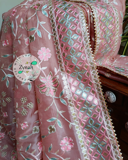 Zynah Pure Organza Silk Saree with Gotapatti Lace, Foil & Thread Embroidery Work; Custom Stitched/Ready-made Blouse, Fall, Petticoat; Shipping available USA, Worldwide