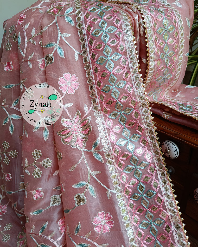 Zynah Pure Organza Silk Saree with Gotapatti Lace, Foil & Thread Embroidery Work; Custom Stitched/Ready-made Blouse, Fall, Petticoat; Shipping available USA, Worldwide