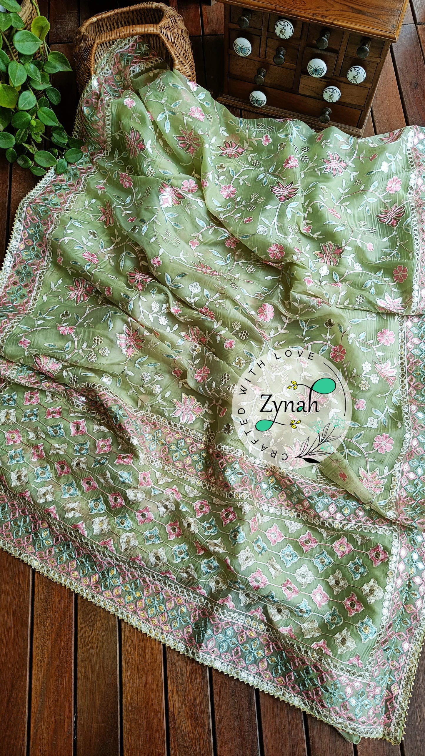 Zynah Pure Organza Silk Saree with Gotapatti Lace, Foil & Thread Embroidery Work; Custom Stitched/Ready-made Blouse, Fall, Petticoat; Shipping available USA, Worldwide