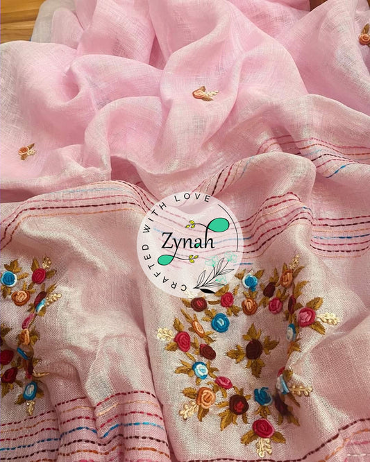 Zynah Pure Linen(120c) Handcrafted Saree with French Knot Hand Embroidery; Custom Stitched/Ready-made Blouse, Fall, Petticoat; Shipping available USA, Worldwide