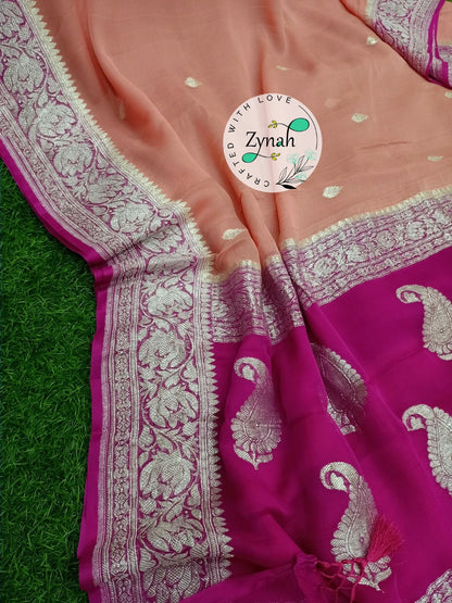 Zynah Pure Banarasi Handloom Khaddi Georgette Saree with Zari Weave; Custom Stitched/Ready-made Blouse, Fall, Petticoat; Shipping available USA, Worldwide