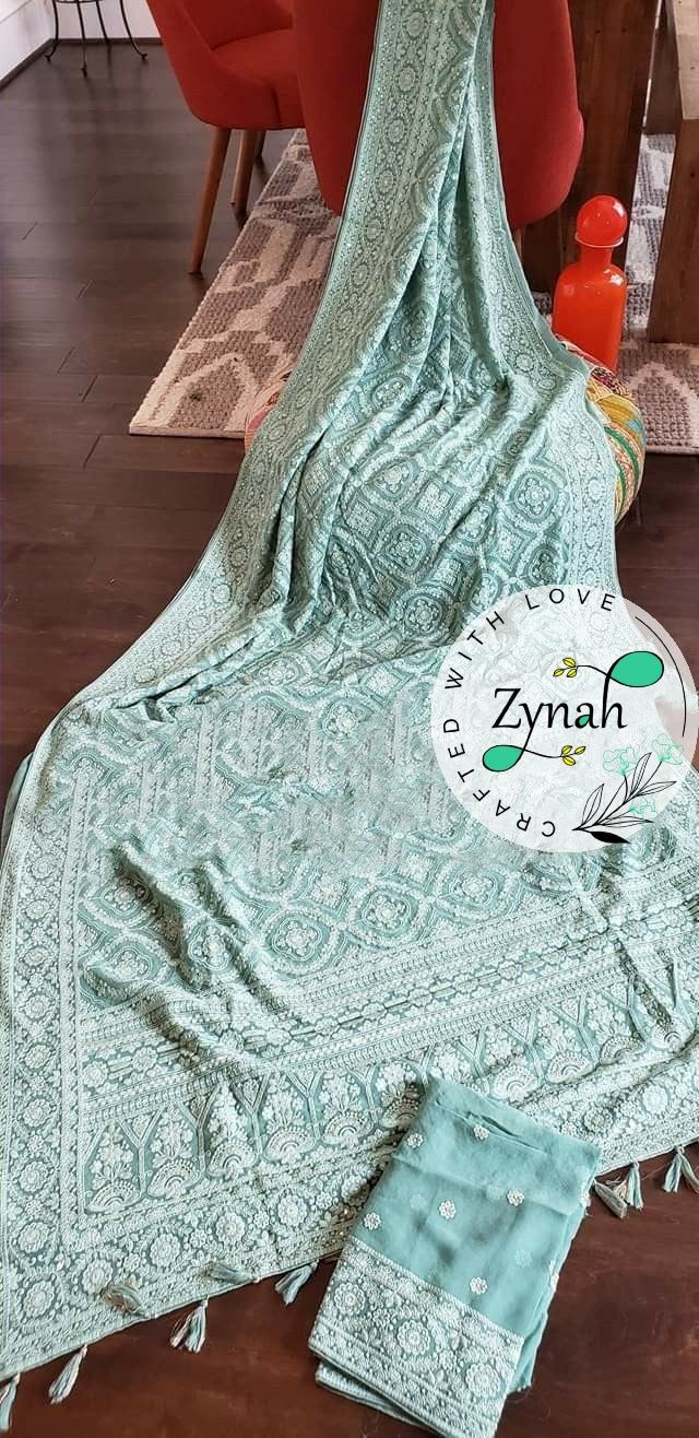 Zynah Pure Georgette Saree with Chikankari & Sequence Work; Custom Stitched/Ready-made Blouse, Fall, Petticoat; Shipping available USA, Worldwide