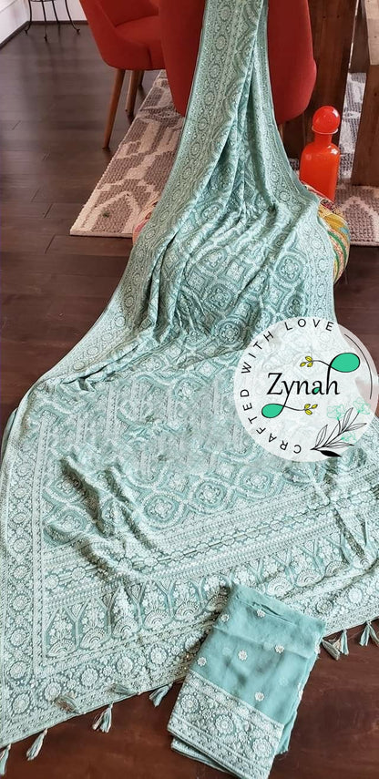 Zynah Pure Georgette Saree with Chikankari & Sequence Work; Custom Stitched/Ready-made Blouse, Fall, Petticoat; Shipping available USA, Worldwide