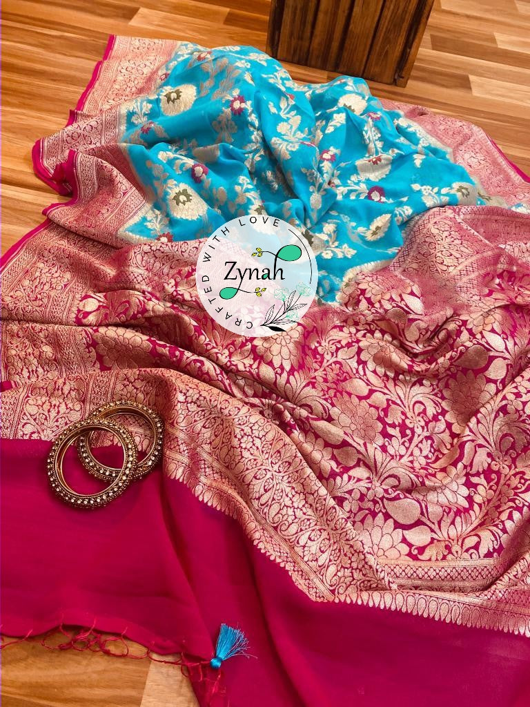 Zynah Blue Color Pure Khaddi Georgette Banarasi Saree with Golden Zari & Meenakari Weaved Motifs; Custom Stitched/Ready-made Blouse, Fall, Petticoat; Shipping available USA, Worldwide
