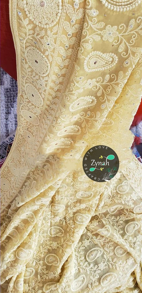 Zynah Pure Georgette Saree with Chikankari, Zari & Sequence Work; Custom Stitched/Ready-made Blouse, Fall, Petticoat; Shipping available USA, Worldwide
