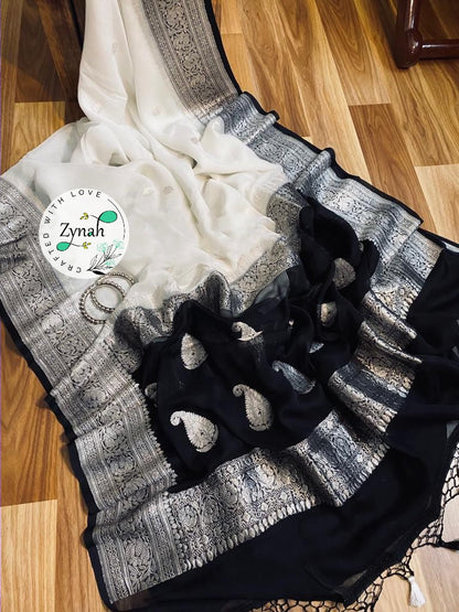 Zynah White & Black Color Pure Banarasi Handloom Khaddi Georgette Saree with Zari Border & Butis; Custom Stitched/Ready-made Blouse, Fall, Petticoat; Shipping available USA, Worldwide