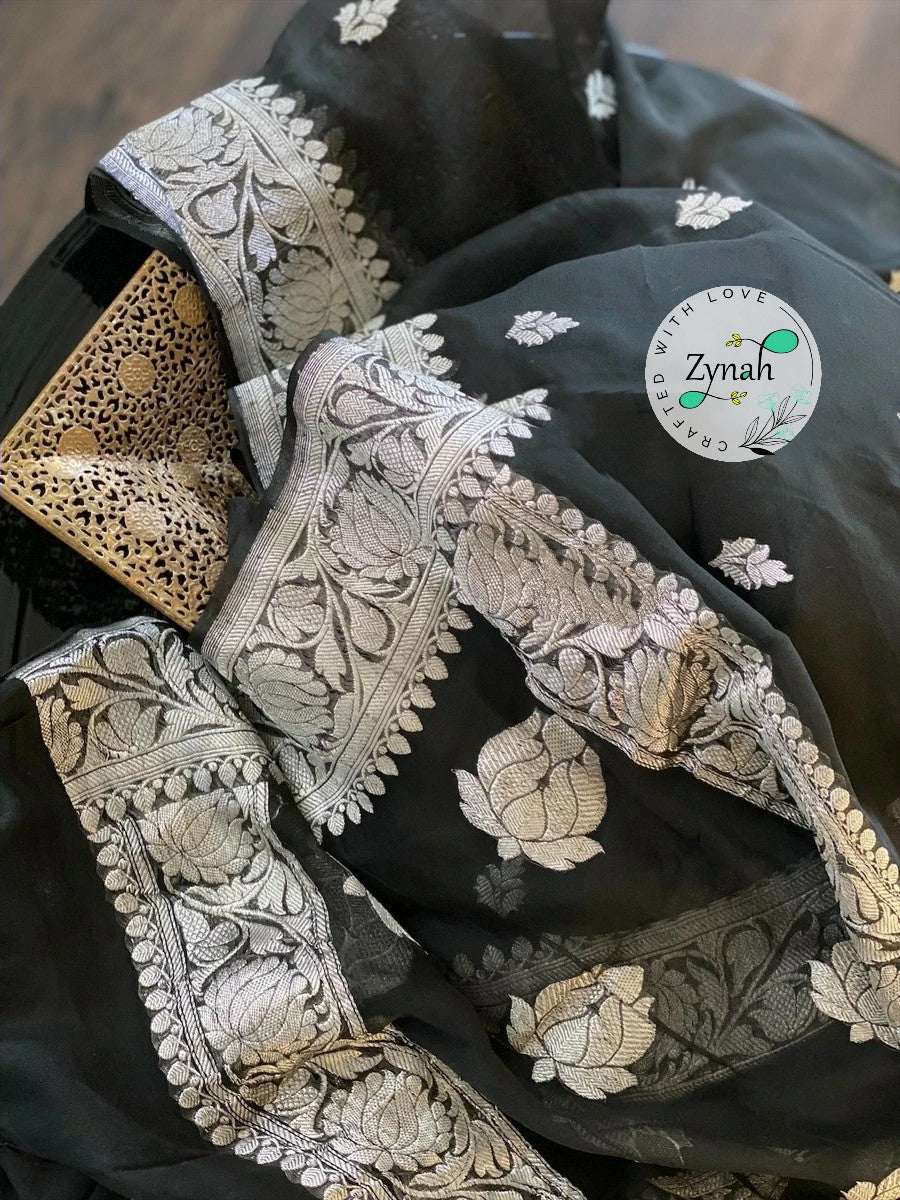 Zynah Pure Banarasi Handloom Khaddi Georgette Saree with Zari Border & Butis; Custom Stitched/Ready-made Blouse, Fall, Petticoat; Shipping available USA, Worldwide
