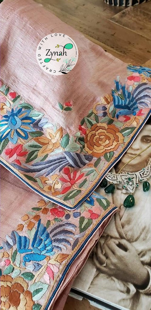 Zynah Made to Order Pure Tussar Silk Parsi Gara Handcrafted Saree; Custom Stitched/Ready-made Blouse, Fall, Petticoat; Shipping available USA, Worldwide