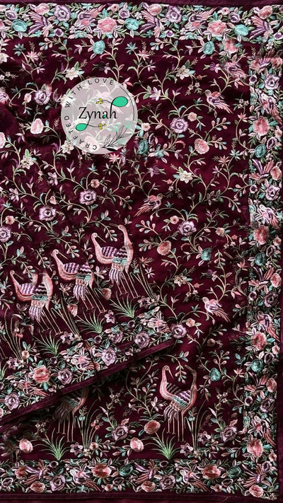Zynah Pure Georgette Parsi Gara Inspired Embroidery Saree; Custom Stitched/Ready-made Blouse, Fall, Petticoat; Shipping available USA, Worldwide