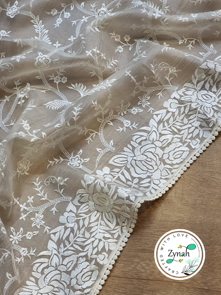 Zynah Off-white Color Pure Organza Silk Saree with Parsi Gara Inspired Embroidery & Crochet Lace; Custom Stitched/Ready-made Blouse, Fall, Petticoat; Shipping available USA, Worldwide