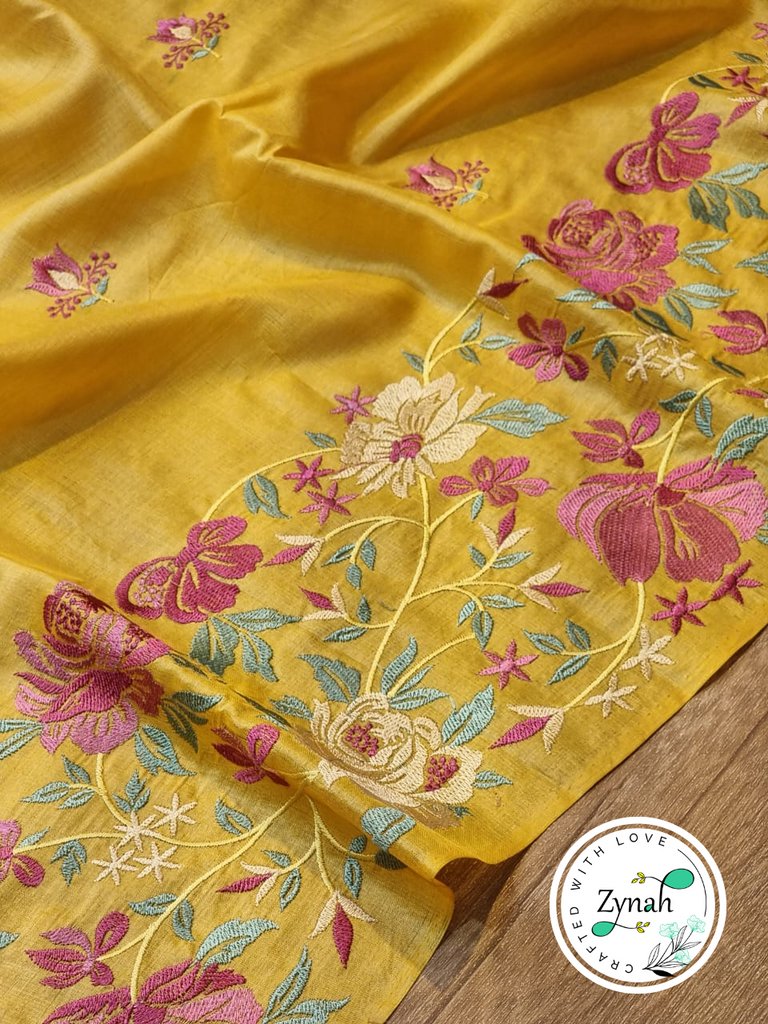 Zynah Yellow Color Pure Tussar Silk Embroidered Saree with Vibrant Tassels; Custom Stitched/Ready-made Blouse, Fall, Petticoat; Shipping available USA, Worldwide