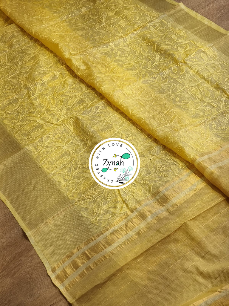 Zynah Yellow Color Pure Tussar Kota Silk Saree with Heavy Chikankari Embroidery With Double Ghiccha Pallu and Heavy Tassels; Custom Stitched/Ready-made Blouse, Fall, Petticoat; Shipping available USA, Worldwide
