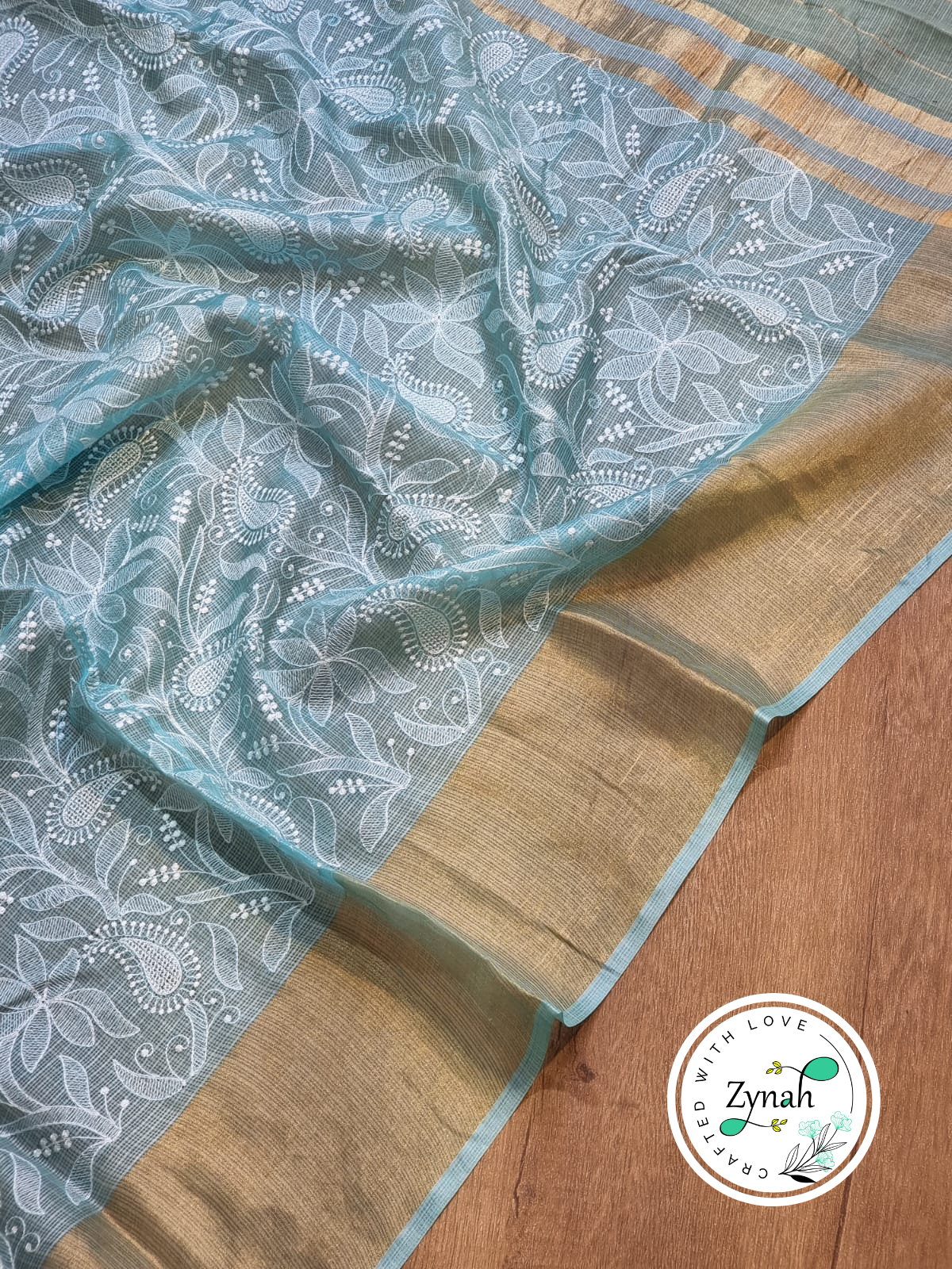 Zynah Sky Blue Color Pure Tussar Kota Silk Saree with Heavy Chikankari Embroidery With Double Ghiccha Pallu and Heavy Tassels; Custom Stitched/Ready-made Blouse, Fall, Petticoat; Shipping available USA, Worldwide