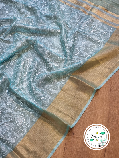 Zynah Sky Blue Color Pure Tussar Kota Silk Saree with Heavy Chikankari Embroidery With Double Ghiccha Pallu and Heavy Tassels; Custom Stitched/Ready-made Blouse, Fall, Petticoat; Shipping available USA, Worldwide