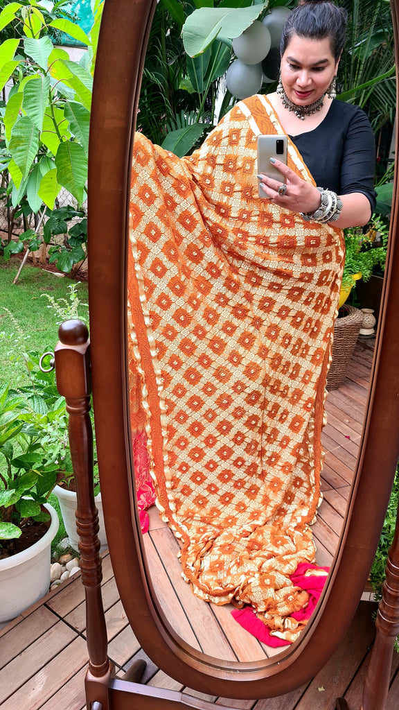 Zynah Pure Georgette Designer Bandhani Saree with Gharchola & Zari Weave; Custom Stitched/Ready-made Blouse, Fall, Petticoat; Shipping available USA, Worldwide