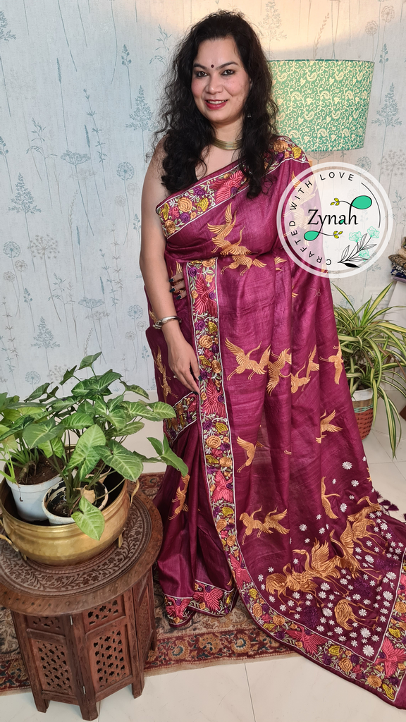 Zynah Wine Color Pure Tussar Silk Parsi work wine color Inspired Saree, Flamingo Bird Motifs; Custom Stitched/Ready-made Blouse, Fall, Petticoat; Shipping available USA, Worldwide