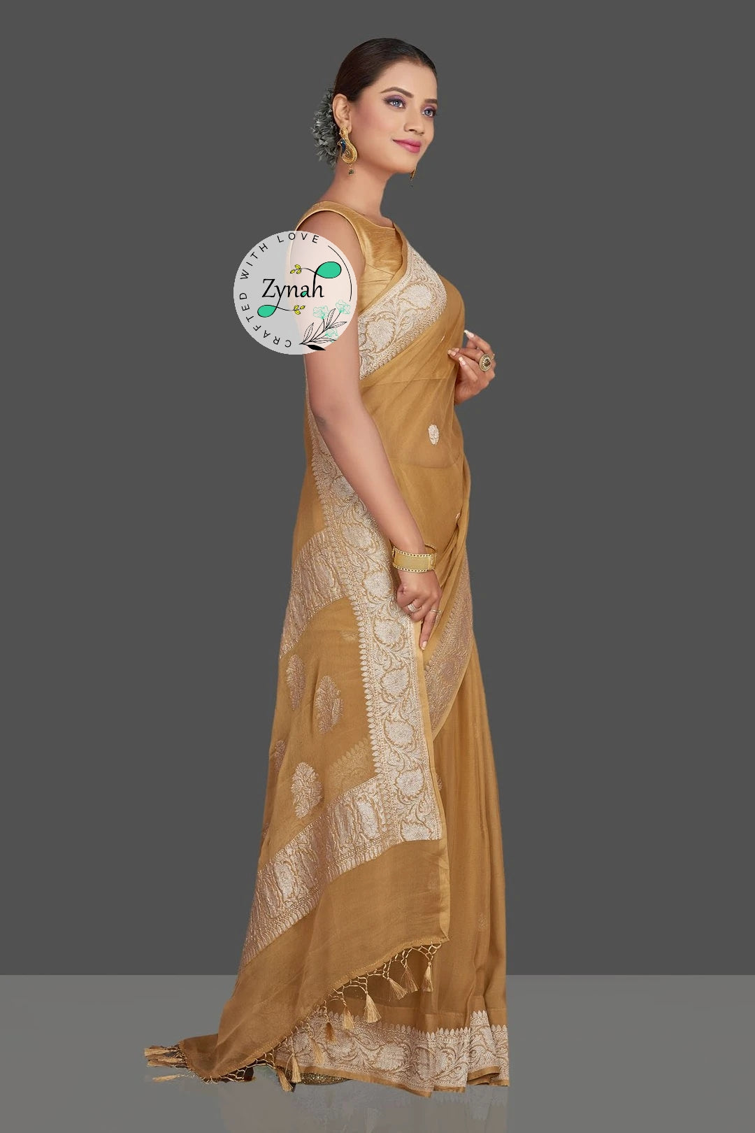 Zynah Pure Banarasi Handloom Khaddi Georgette Saree with Zari Border & Butis; Custom Stitched/Ready-made Blouse, Fall, Petticoat; Shipping available USA, Worldwide