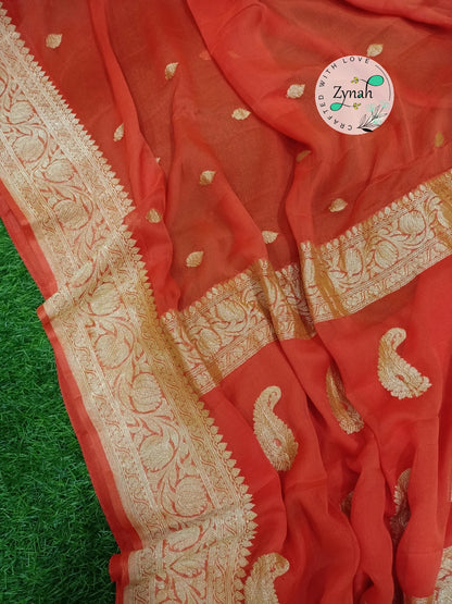 Zynah Pure Banarasi Handloom Khaddi Georgette Saree with Zari Border & Butis; Custom Stitched/Ready-made Blouse, Fall, Petticoat; Shipping available USA, Worldwide