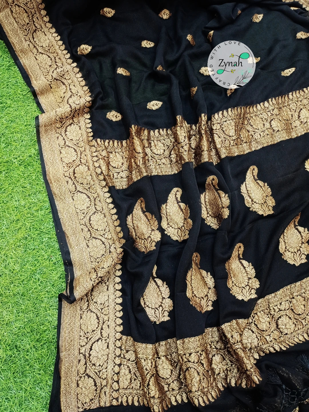 Zynah Pure Banarasi Handloom Khaddi Georgette Saree with Zari Border & Butis; Custom Stitched/Ready-made Blouse, Fall, Petticoat; Shipping available USA, Worldwide