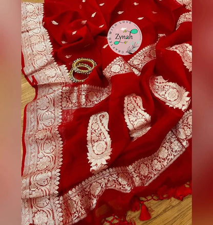 Zynah Pure Banarasi Handloom Khaddi Georgette Saree with Zari Border & Butis; Custom Stitched/Ready-made Blouse, Fall, Petticoat; Shipping available USA, Worldwide