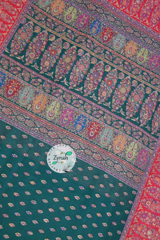 Zynah Pure Silk Kani Jamawar Saree with Butis Body, Grand Pallu & Border; Custom Stitched/Ready-made Blouse, Fall, Petticoat; Shipping available USA, Worldwide
