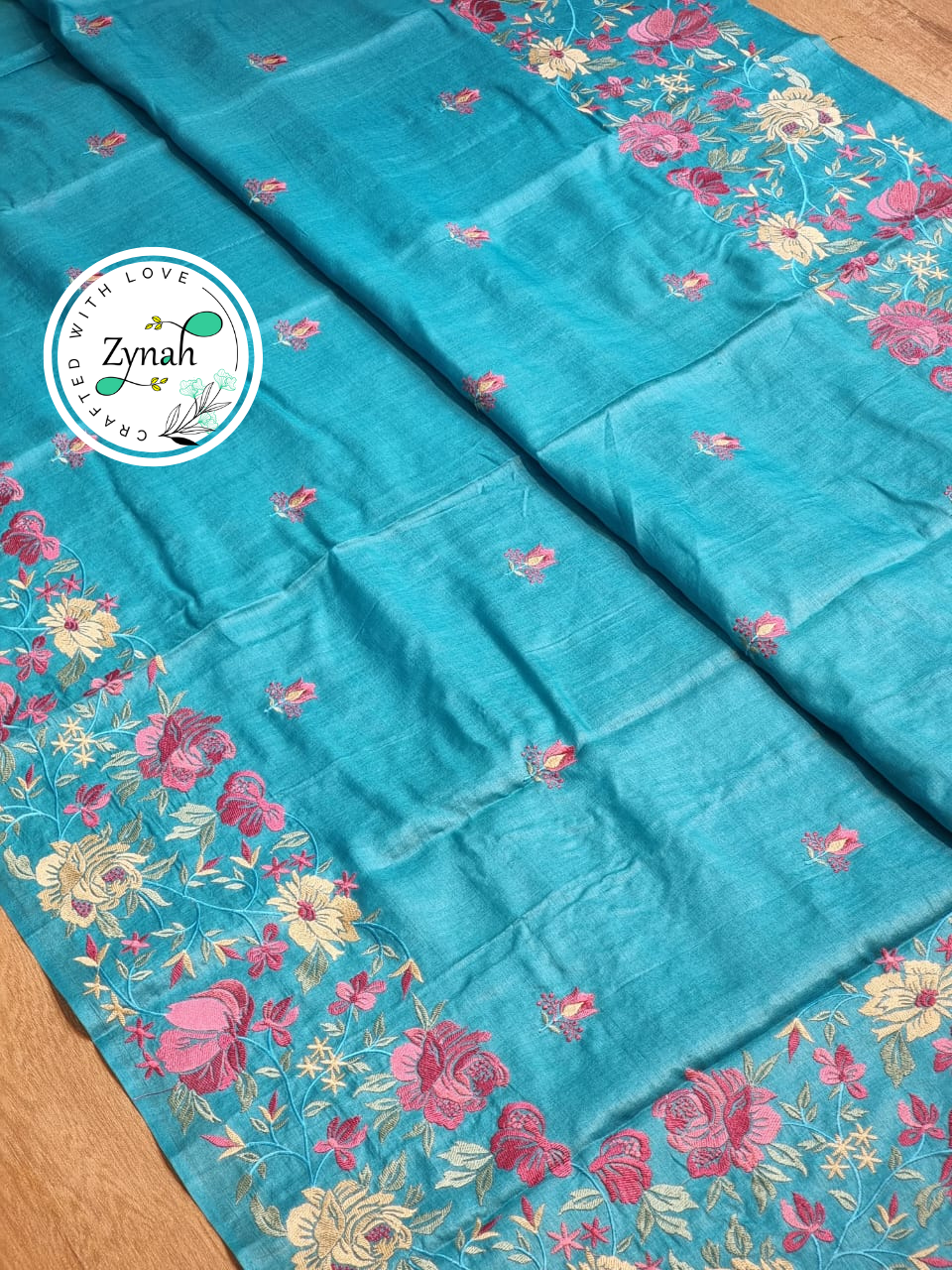 Zynah Blue Color Pure Tussar Silk Embroidered Saree with Vibrant Tassels; Custom Stitched/Ready-made Blouse, Fall, Petticoat; Shipping available USA, Worldwide
