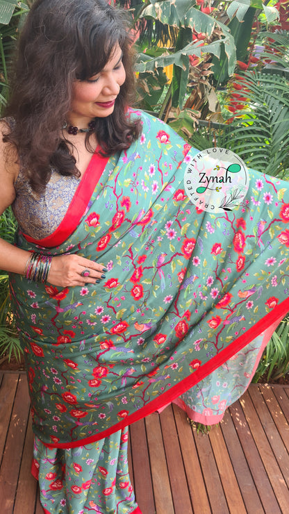 Zynah Pure Satin Silk Saree with Floral Prints; Custom Stitched/Ready-made Blouse, Fall, Petticoat; Shipping available USA, Worldwide