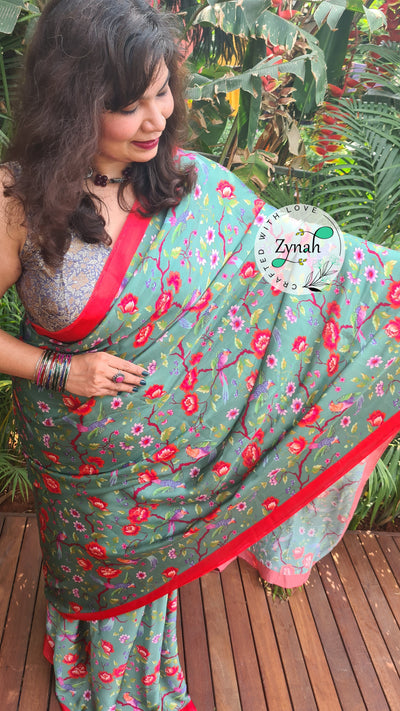 Zynah Pure Satin Silk Saree with Floral Prints; Custom Stitched/Ready-made Blouse, Fall, Petticoat; Shipping available USA, Worldwide
