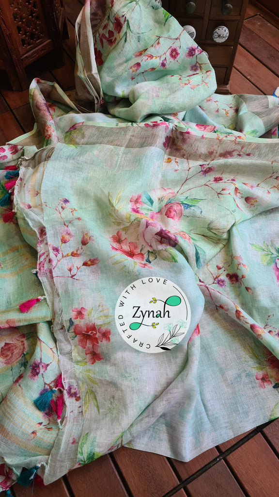 Zynah Organic Pure Linen by Linen(120c) Saree with Digital Floral Prints & Zari Border; Custom Stitched/Ready-made Blouse, Fall, Petticoat; Shipping available USA, Worldwide