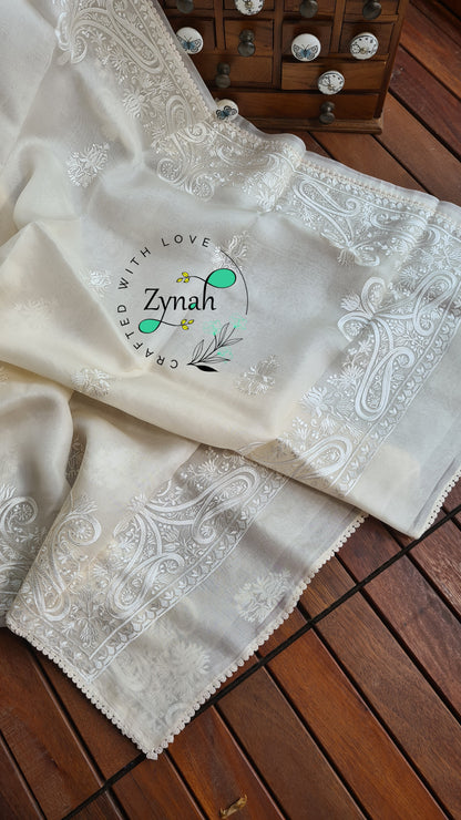 Zynah Pure Organza Silk Saree with Thread Embroidery & Crochet lace Border; Custom Stitched/Ready-made Blouse, Fall, Petticoat; Shipping available USA, Worldwide