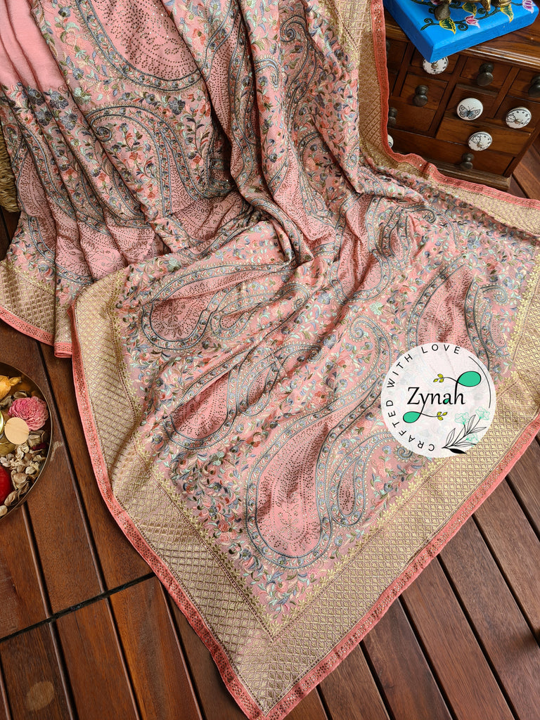 Zynah Pure Chinnon Georgette Kashmiri Kashida Inspired Saree with Hand-embellished Work; Custom Stitched/Ready-made Blouse, Fall, Petticoat; Shipping available USA, Worldwide