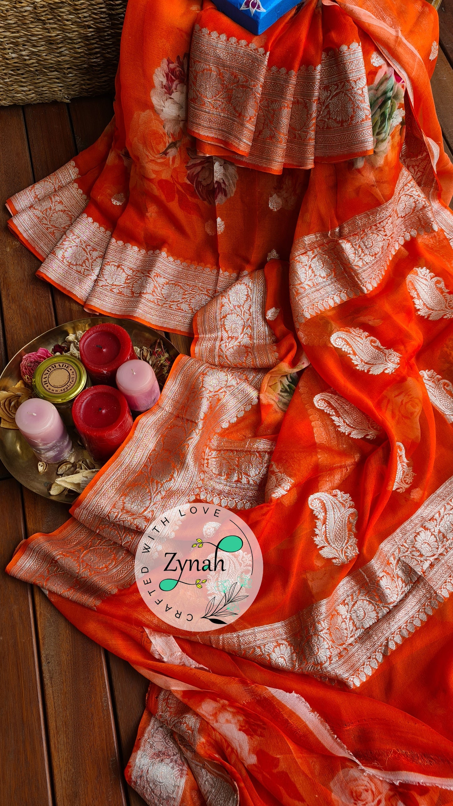 Zynah Pure Khaddi Chiffon Saree with Floral Prints & Silver Zari Weave; Custom Stitched/Ready-made Blouse, Fall, Petticoat; Shipping available USA, Worldwide