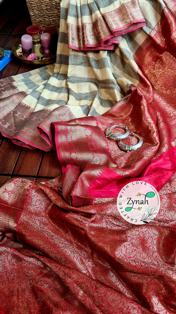 Zynah Pure Tussar Banarasi Silk Saree with Antique Zari; Custom Stitched/Ready-made Blouse, Fall, Petticoat; Shipping available USA, Worldwide