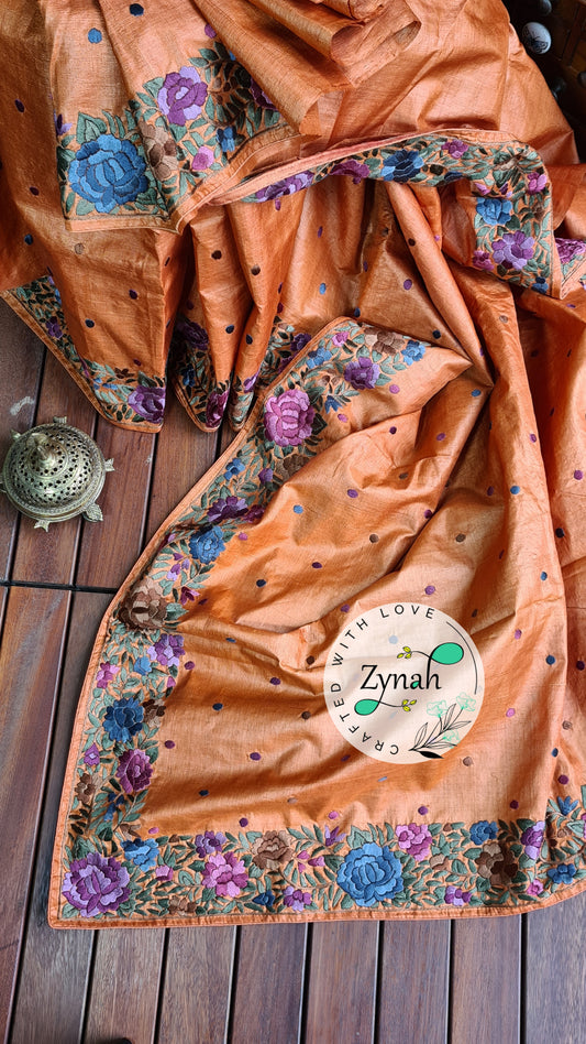 Zynah Made to Order Pure Tussar Silk Parsi Gara Handcrafted Saree; Custom Stitched/Ready-made Blouse, Fall, Petticoat; Shipping available USA, Worldwide
