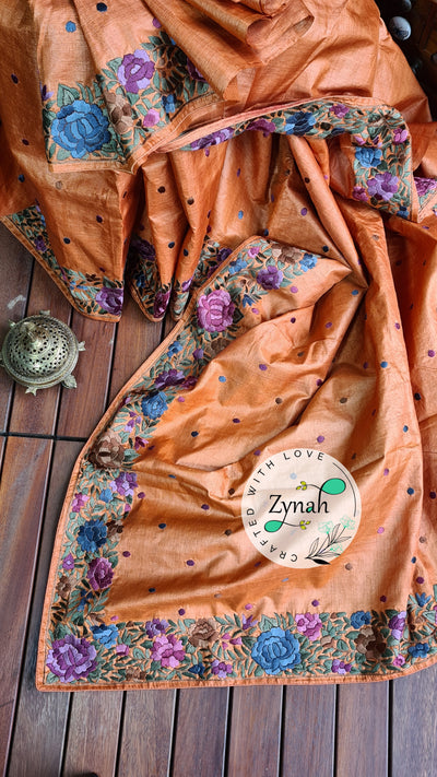 Zynah Made to Order Pure Tussar Silk Parsi Gara Handcrafted Saree; Custom Stitched/Ready-made Blouse, Fall, Petticoat; Shipping available USA, Worldwide