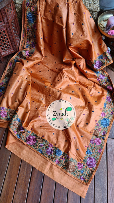 Zynah Made to Order Pure Tussar Silk Parsi Gara Handcrafted Saree; Custom Stitched/Ready-made Blouse, Fall, Petticoat; Shipping available USA, Worldwide