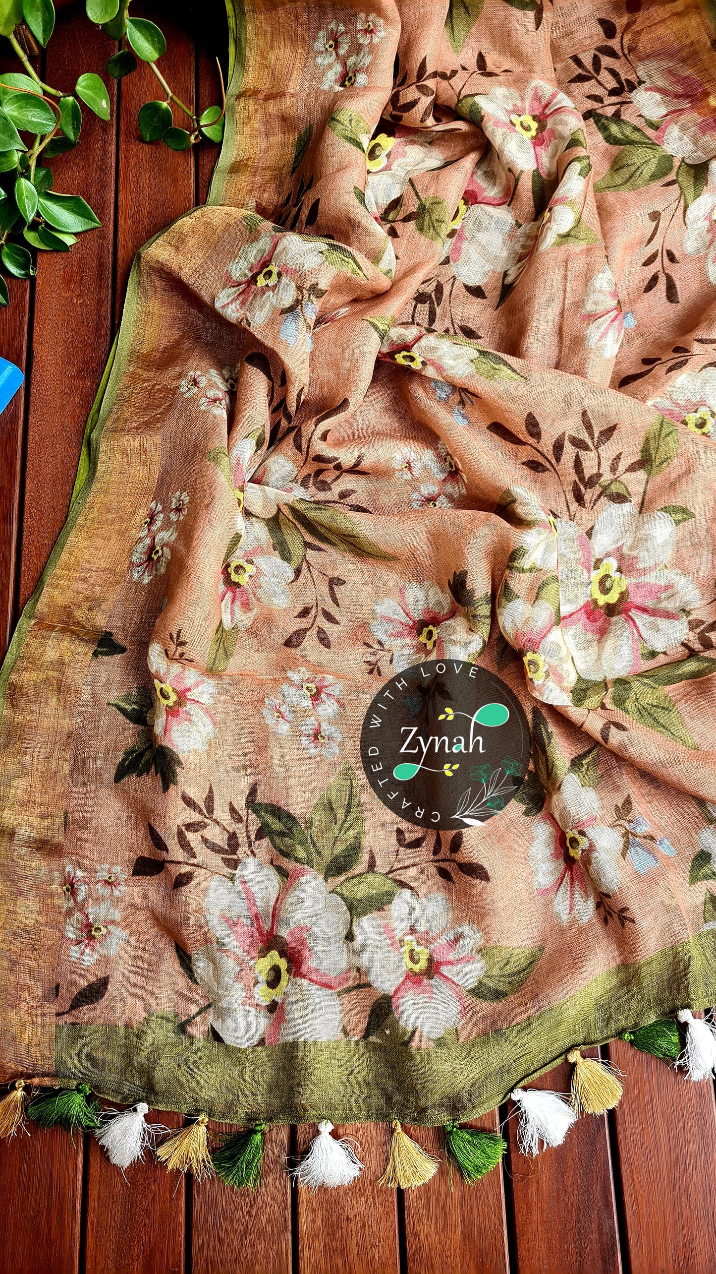 Zynah Organic Pure Linen by Linen(120c) Saree with Digital Floral Prints & Zari Border; Custom Stitched/Ready-made Blouse, Fall, Petticoat; Shipping available USA, Worldwide