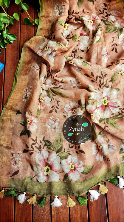 Zynah Organic Pure Linen by Linen(120c) Saree with Digital Floral Prints & Zari Border; Custom Stitched/Ready-made Blouse, Fall, Petticoat; Shipping available USA, Worldwide