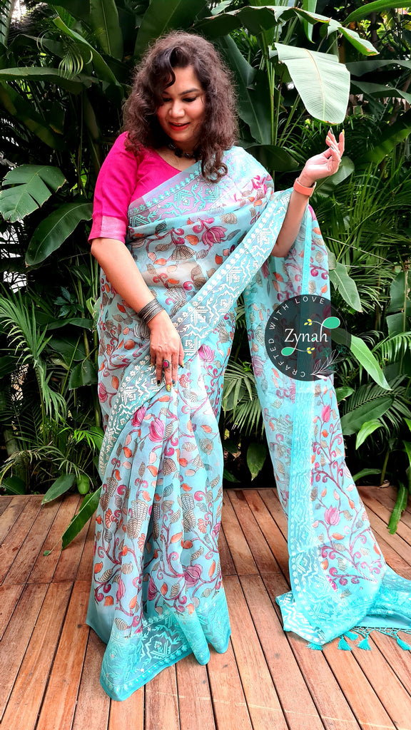 Zynah Pure Organza Silk Kalamkari Saree with Dhakai Jamdhani Thread Embroidery; Custom Stitched/Ready-made Blouse, Fall, Petticoat; Shipping available USA, Worldwide