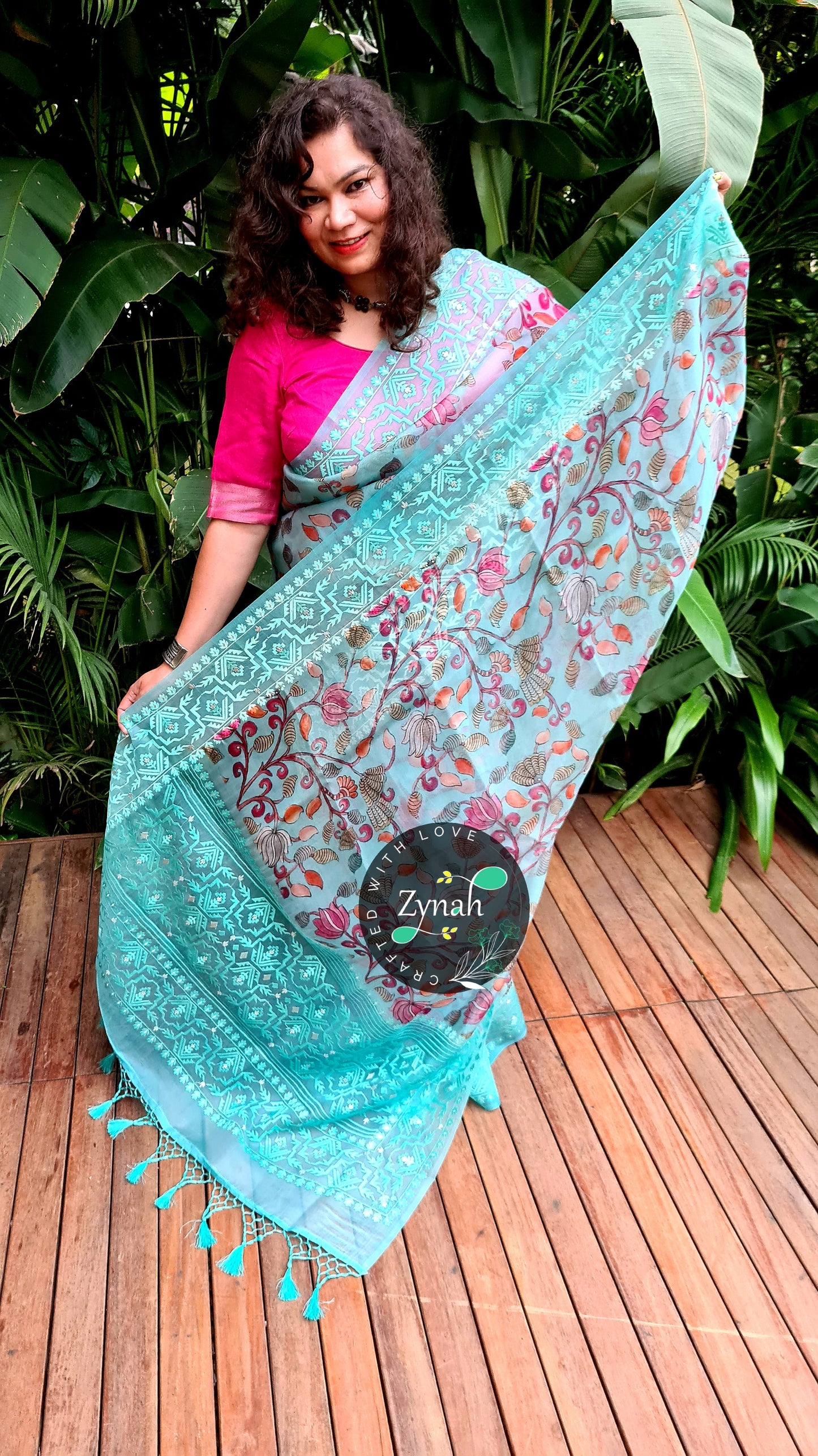 Zynah Pure Organza Silk Kalamkari Saree with Dhakai Jamdhani Thread Embroidery; Custom Stitched/Ready-made Blouse, Fall, Petticoat; Shipping available USA, Worldwide