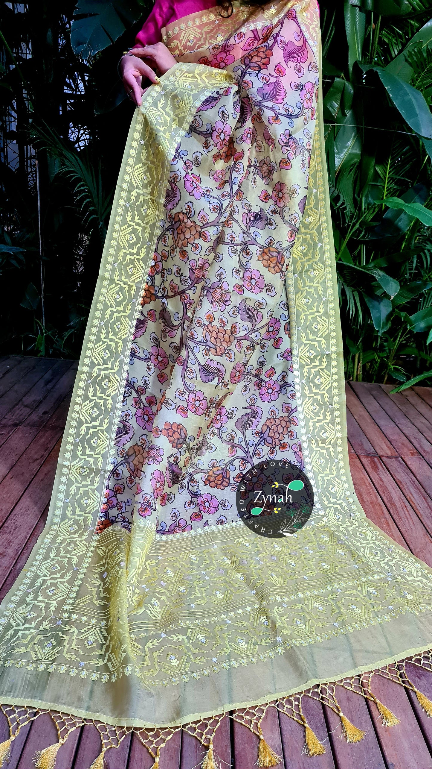 Zynah Pure Organza Silk Kalamkari Saree with Dhakai Jamdhani Thread Embroidery; Custom Stitched/Ready-made Blouse, Fall, Petticoat; Shipping available USA, Worldwide