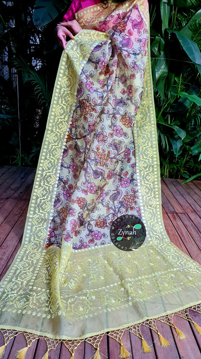 Zynah Pure Organza Silk Kalamkari Saree with Dhakai Jamdhani Thread Embroidery; Custom Stitched/Ready-made Blouse, Fall, Petticoat; Shipping available USA, Worldwide