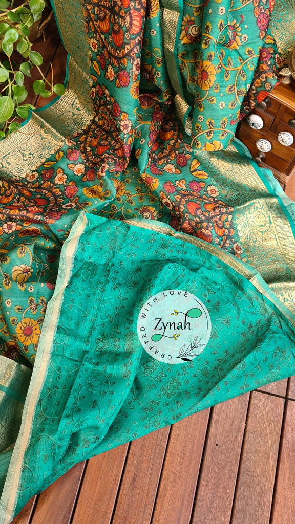 Zynah Pure Tussar Silk Banarasi Kalamkari Saree with Antique zari weave; Custom Stitched/Ready-made Blouse, Fall, Petticoat; Shipping available USA, Worldwide