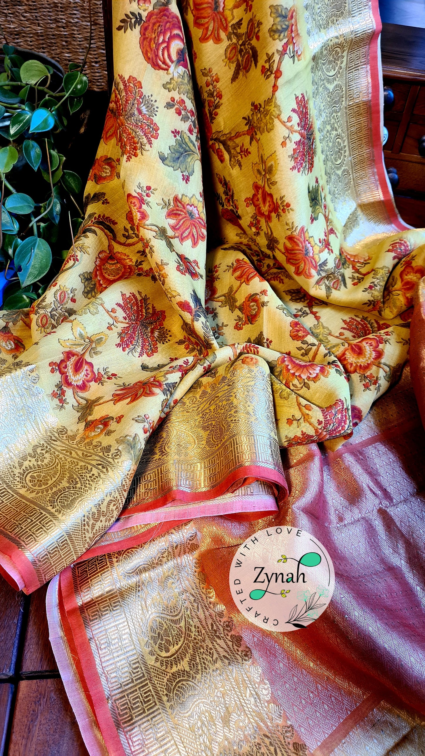 Zynah Pure Tussar Banarasi Silk Saree; Custom Stitched/Ready-made Blouse, Fall, Petticoat; Shipping available USA, Worldwide