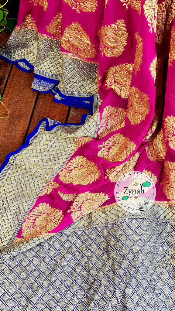 Zynah Pure Handloom Banarasi Khaddi Georgette Saree, Golden Zari Weave; Custom Stitched/Ready-made Blouse, Fall, Petticoat; Shipping available USA, Worldwide