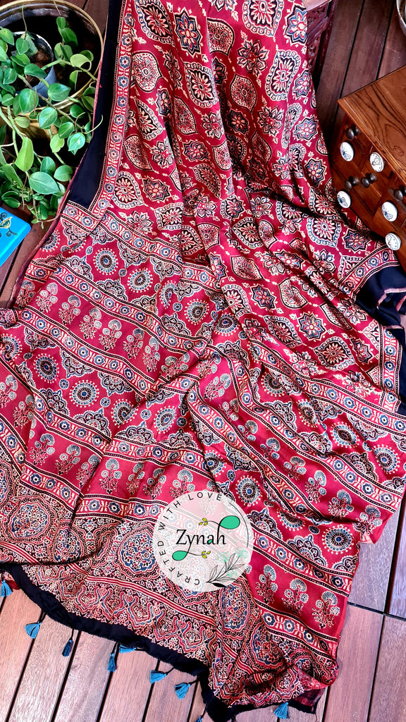 Zynah Pure Modal Silk Ajrakh Saree with Handblock Prints; Custom Stitched/Ready-made Blouse, Fall, Petticoat; Shipping available USA, Worldwide