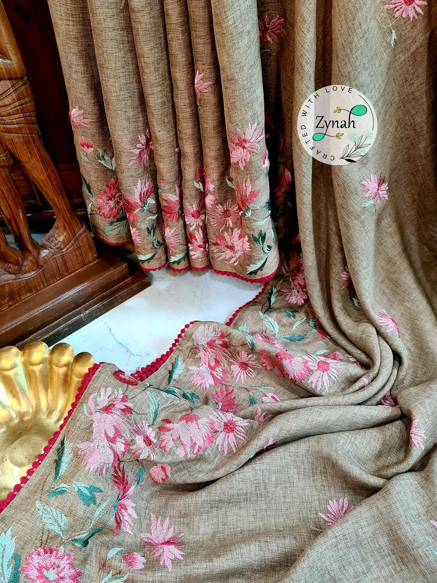 Zynah Pure Jute Muslin Embroidery Saree with Crochet lace; Custom Stitched/Ready-made Blouse, Fall, Petticoat; Shipping available USA, Worldwide